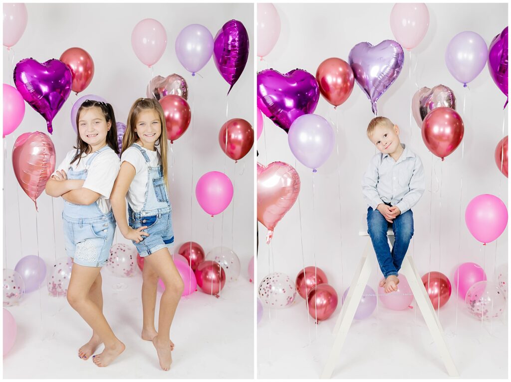 kids posing for a valentines day mini session in a studio