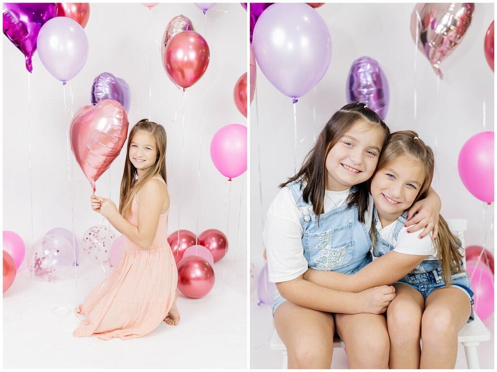 two girls hugging in a valentines day mini studio session