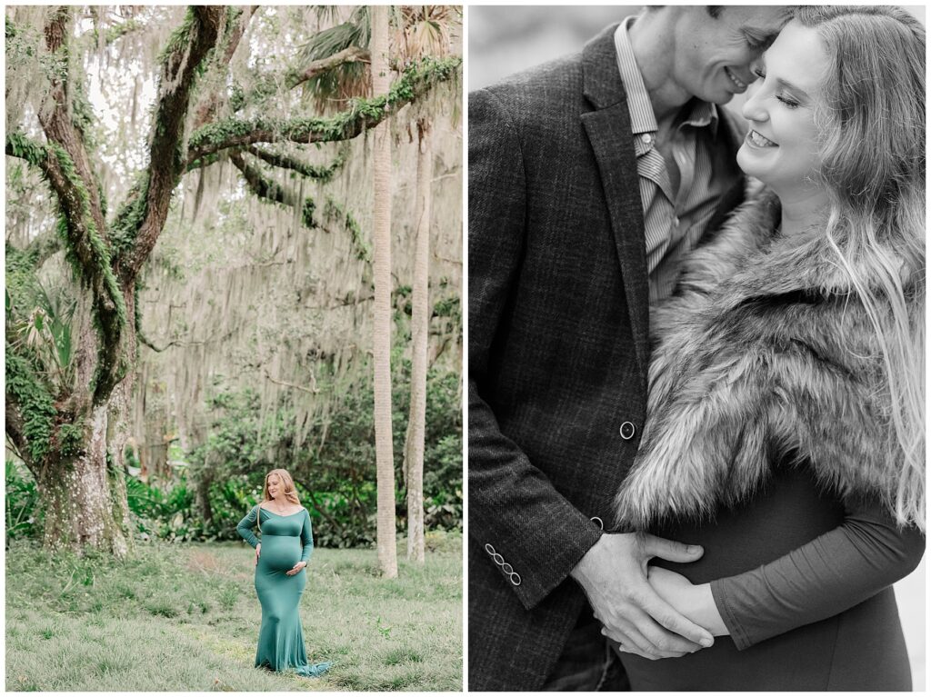 Spanish moss drapes the background of this image as the expectant mother hugs her belly. 
