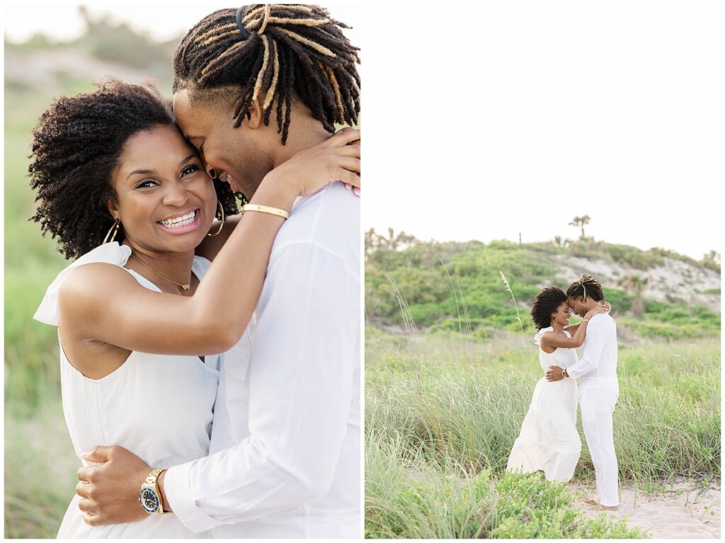 Couple smiling cheek-to-cheek in close embrace, followed by a scenic portrait of them surrounded by beach grass and dunes.