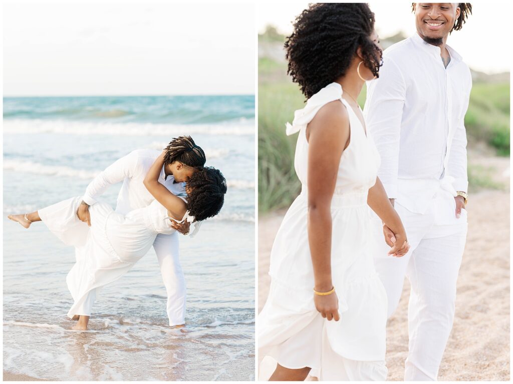 Groom dips his fiancée for a kiss at the edge of the water, followed by a candid moment of the couple walking side-by-side along the sand at their Ponte Vedra Beach engagement session.