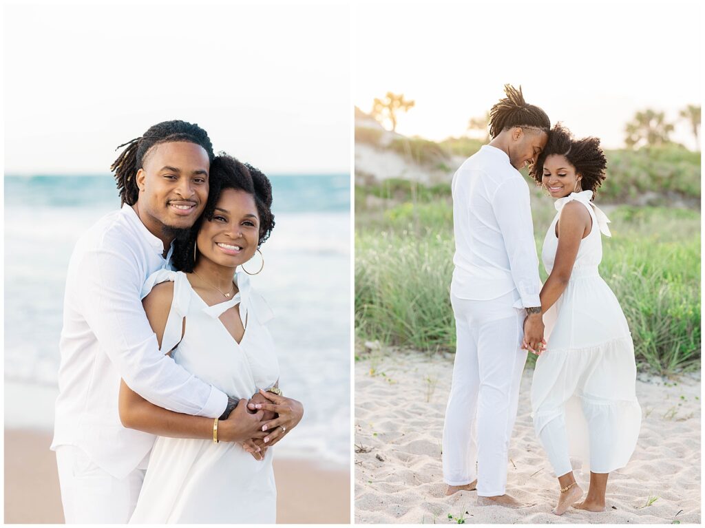 Couple hugs by the ocean with soft smiles, followed by a golden hour photo as they hold hands and smile at each other in the sand dunes.