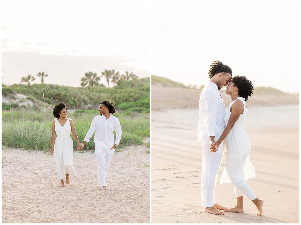 Couple walks barefoot through the sand smiling at each other, followed by a sweet moment as they lean in forehead to forehead near the shoreline during their Ponte Vedra Beach engagement session
