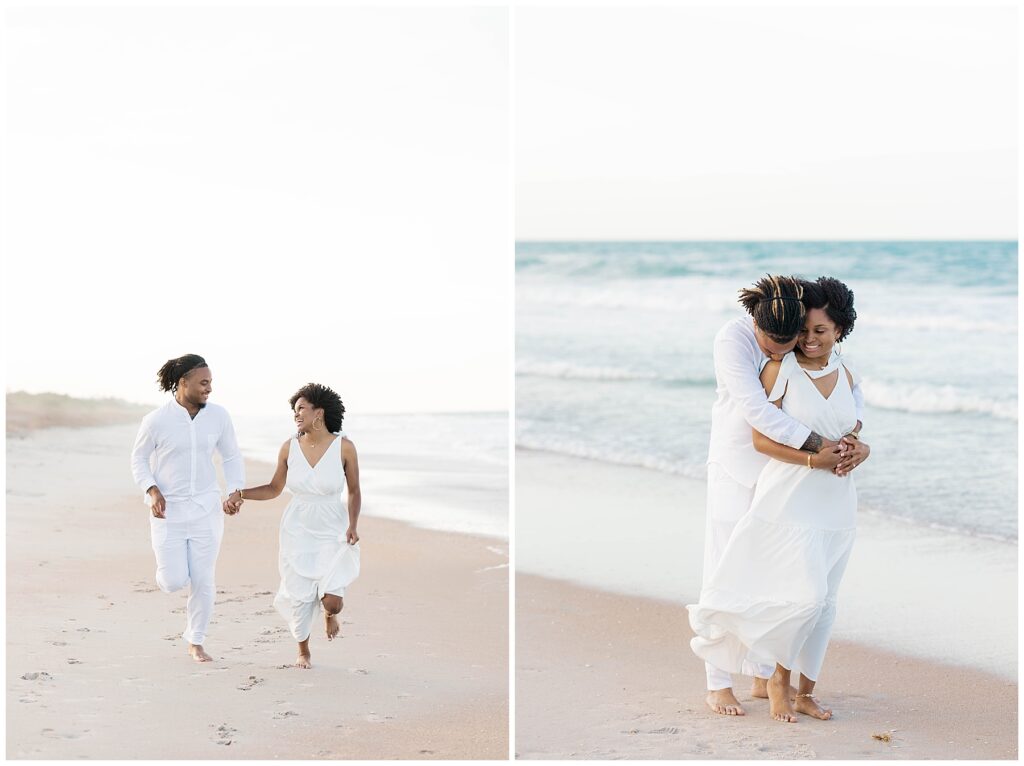 Playful moment of the couple running barefoot along the shoreline, smiling at each other, then pausing for a quiet embrace by the waves during their Florida beach engagement session.