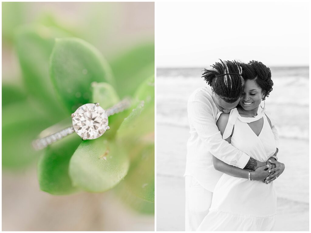 Close-up of a round-cut diamond engagement ring resting on a succulent leaf, paired with a tender hug from behind as the groom kisses her shoulder.