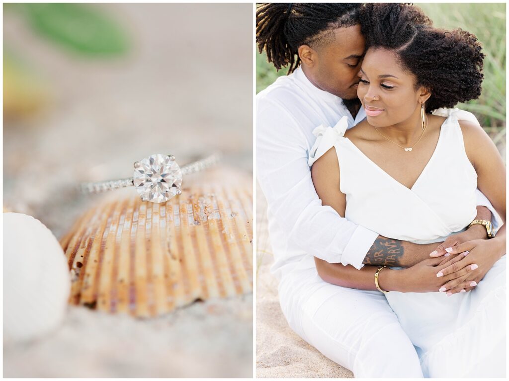 Sparkling round-cut engagement ring resting on a scallop shell, paired with an intimate photo of the couple sitting in the sand as he holds her close during their sunset engagement session in Ponte Vedra Beach.