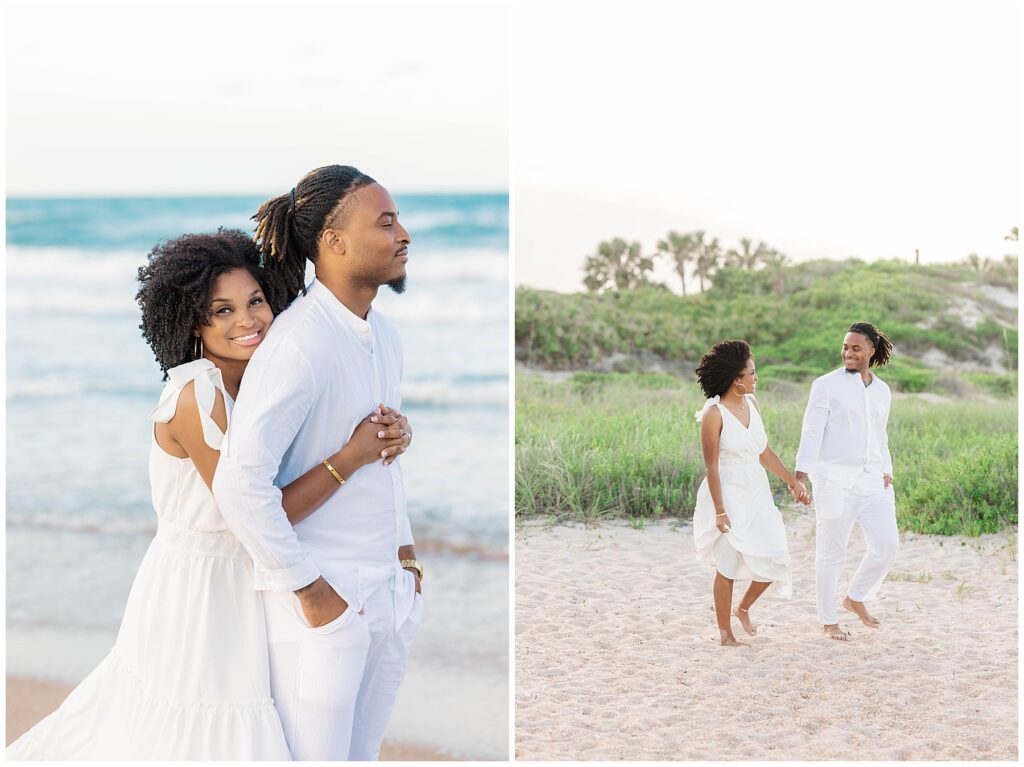 The bride-to-be hugs her fiancé from behind while standing near the ocean, followed by a second image of the couple walking hand-in-hand through sandy dunes at their Ponte Vedra Beach engagement session.