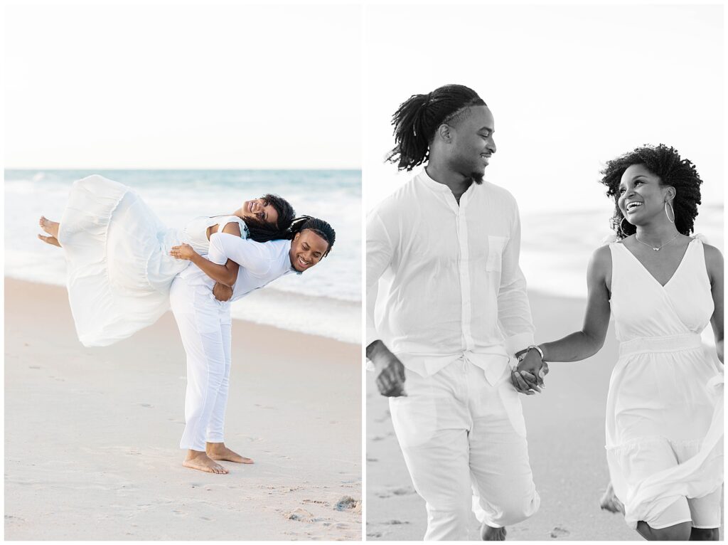 Groom lifts his bride-to-be playfully while she laughs, with ocean waves in the background, followed by a black-and-white image of the couple walking hand-in-hand and smiling during their Ponte Vedra Beach engagement session.
