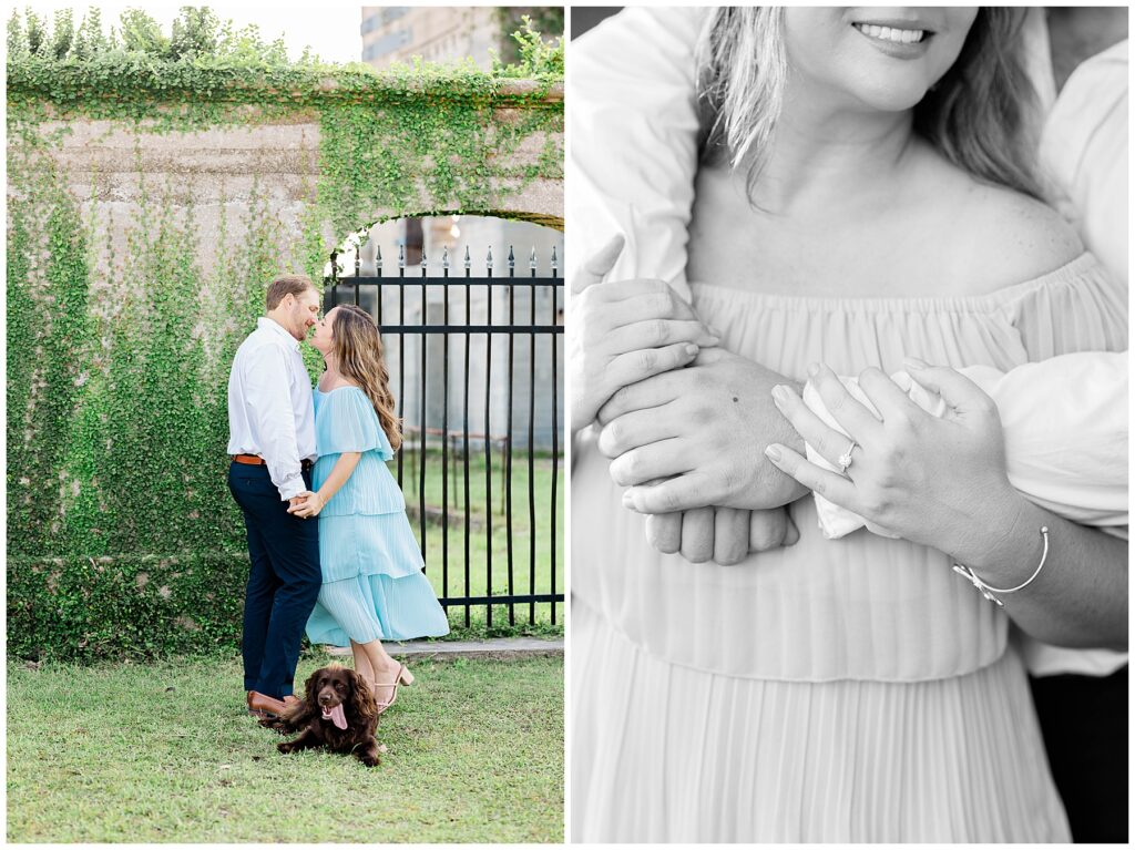 Romantic moment during a dog-friendly engagement session at the Dungeness Ruins on Cumberland Island, featuring a couple holding hands near ivy-covered stone walls, with their dog resting at their feet and a close-up black and white detail of the engagement ring.