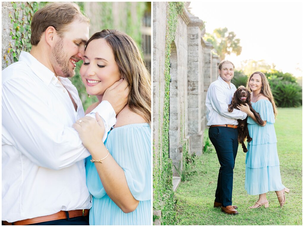 Sweet portraits from a coastal engagement session on Cumberland Island showing the couple smiling and embracing along the stone ruins, followed by a joyful moment holding their dog in soft golden hour light.