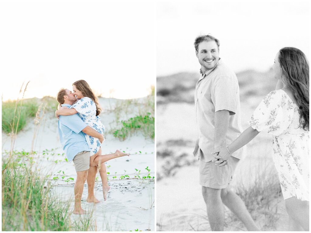 Sunset engagement session on Cumberland Island beach featuring a joyful lift and kiss in the sand dunes, followed by a black and white photo of the couple holding hands and walking along the shoreline.
