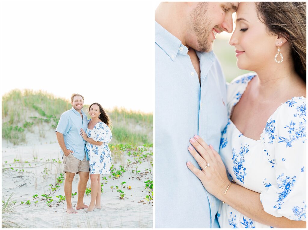 Coastal engagement portraits featuring a smiling couple standing together on the beach with a focus on her engagement ring and their close, affectionate pose.