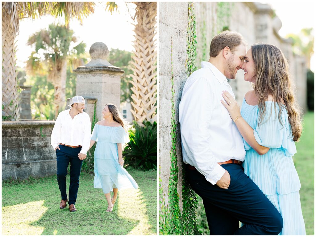 Left: A couple walks hand-in-hand between palm trees, smiling at each other in golden afternoon light. Right: The couple leans close by the stone wall, sharing a soft and romantic moment.