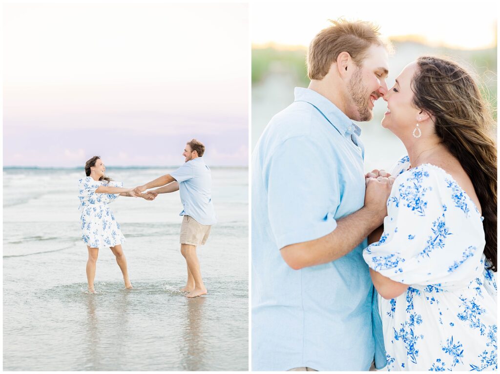 Playful and romantic beach engagement session on Cumberland Island featuring a couple dancing in the shallow water and smiling nose-to-nose during golden hour.