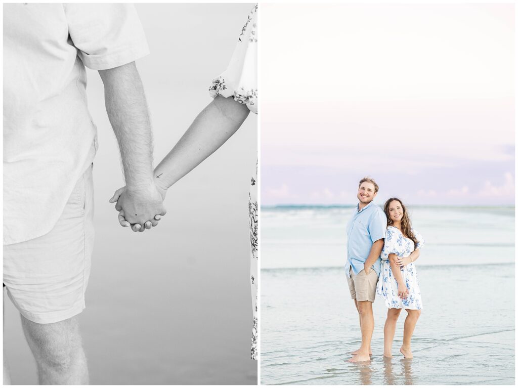 Close-up of hands intertwined during a coastal engagement session, followed by a relaxed portrait of the couple standing back-to-back in the surf at sunset.