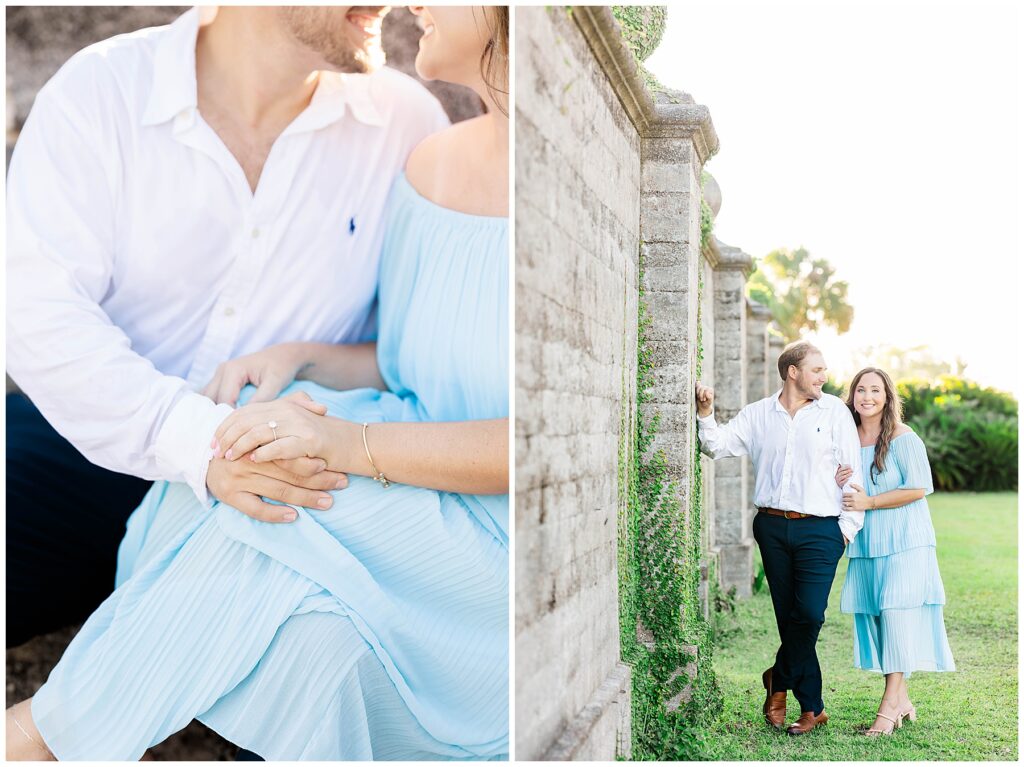 Left: A close-up of hands resting together, showing an engagement ring and delicate bracelet. Right: A quiet moment along a sunlit stone wall during a dreamy Cumberland Island engagement session.