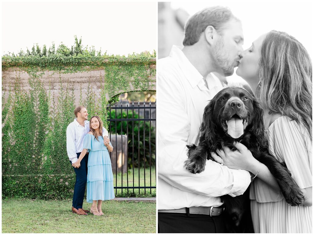 Left: A couple stands hand-in-hand in front of an ivy-covered wall, sharing a quiet moment. Right: Black and white photo of a couple kissing while holding their happy dog, who’s front and center with tongue out.