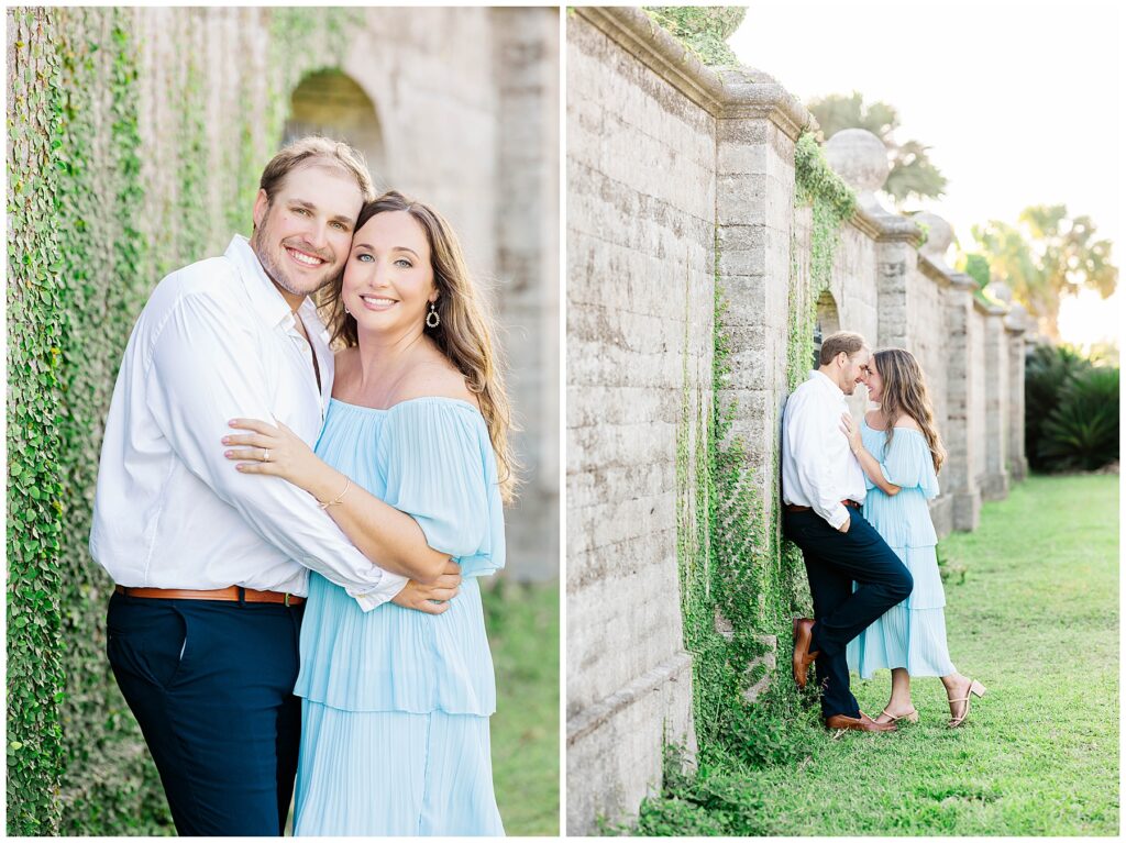 Left: A smiling couple embraces beside a stone wall covered in ivy during golden hour. Right: The couple shares a romantic forehead-to-forehead moment along the wall during their Cumberland Island engagement session.