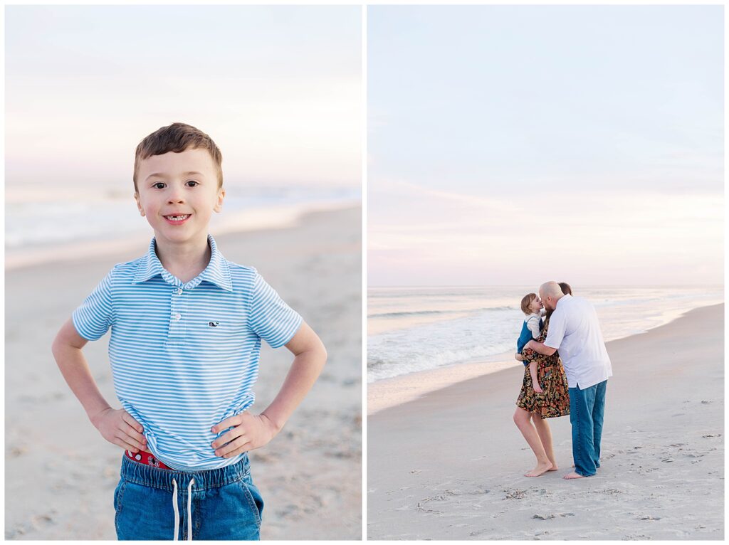 Left: Young boy with hands on hips smiling proudly at the camera on the beach. Right: Mom and dad share a kiss while holding their daughter on the shoreline during a peaceful family session in Ponte Vedra Beach.