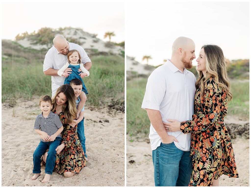 Left: Playful family moment with dad holding daughter on shoulders while mom kneels with two sons in front, all laughing at Guana Beach dunes. Right: Candid portrait of mom and dad smiling at each other while standing together during their family session in Ponte Vedra Beach.