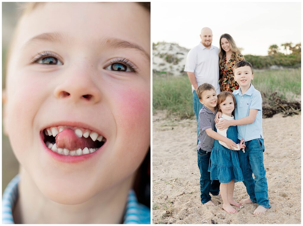 Left: Close-up of young boy smiling with his tongue out in a silly expression. Right: Three children hugging in the foreground while mom and dad smile in the background, taken at Guana Preserve during a family session.