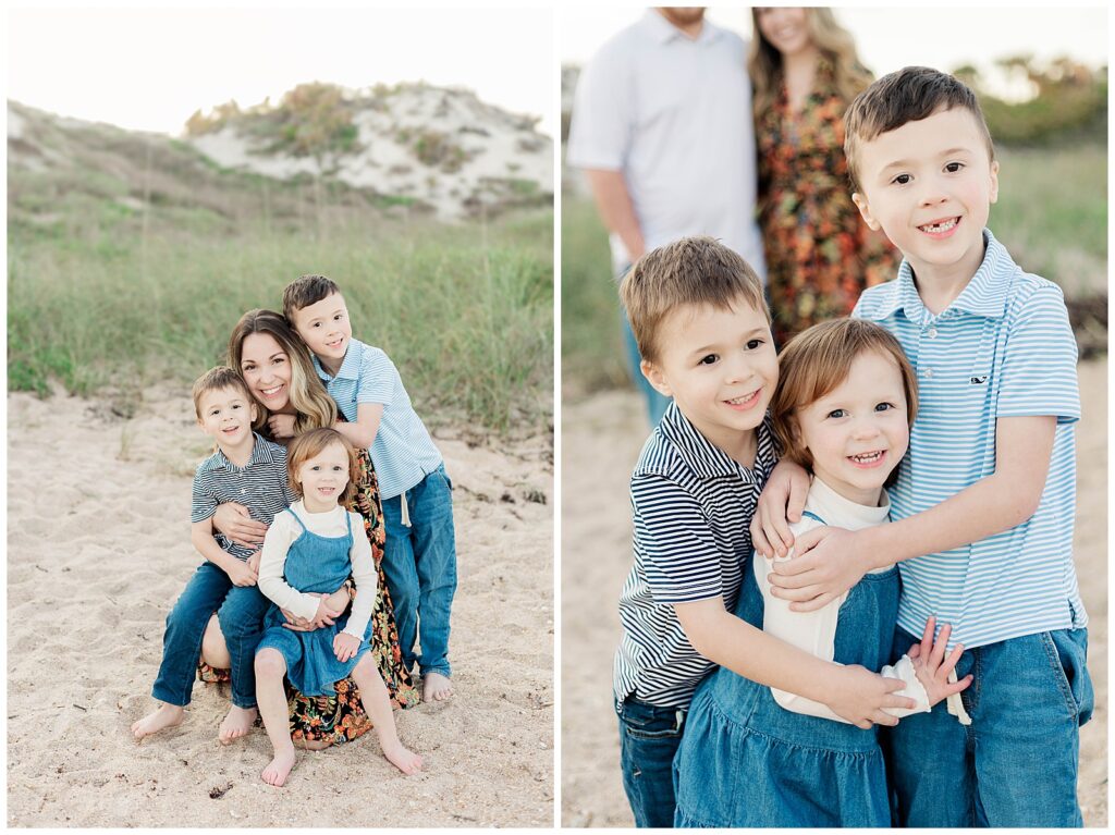 Left: Mom sits in the sand with her three young kids wrapped around her in a playful hug, with grassy dunes behind them. Right: Three siblings smiling and hugging close while standing on the beach, with their parents softly blurred in the background.