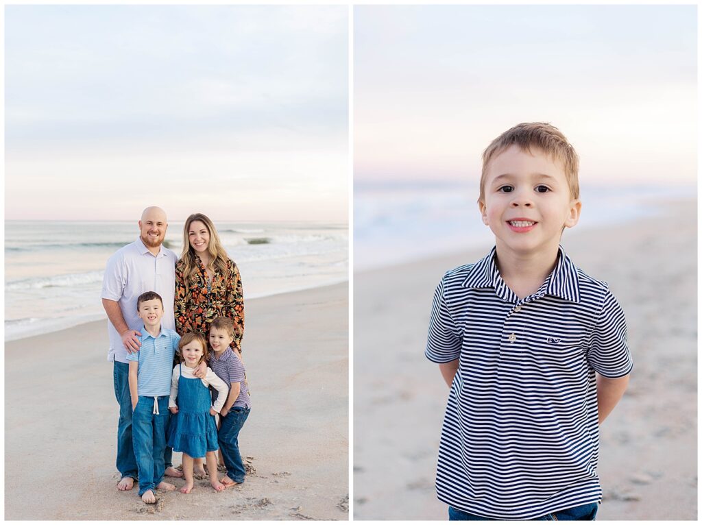 Left: Smiling family of five standing together on the shoreline at Guana Beach with soft pastel skies behind them. Right: Young boy in a striped shirt smiling confidently while standing barefoot on the beach at sunset.
