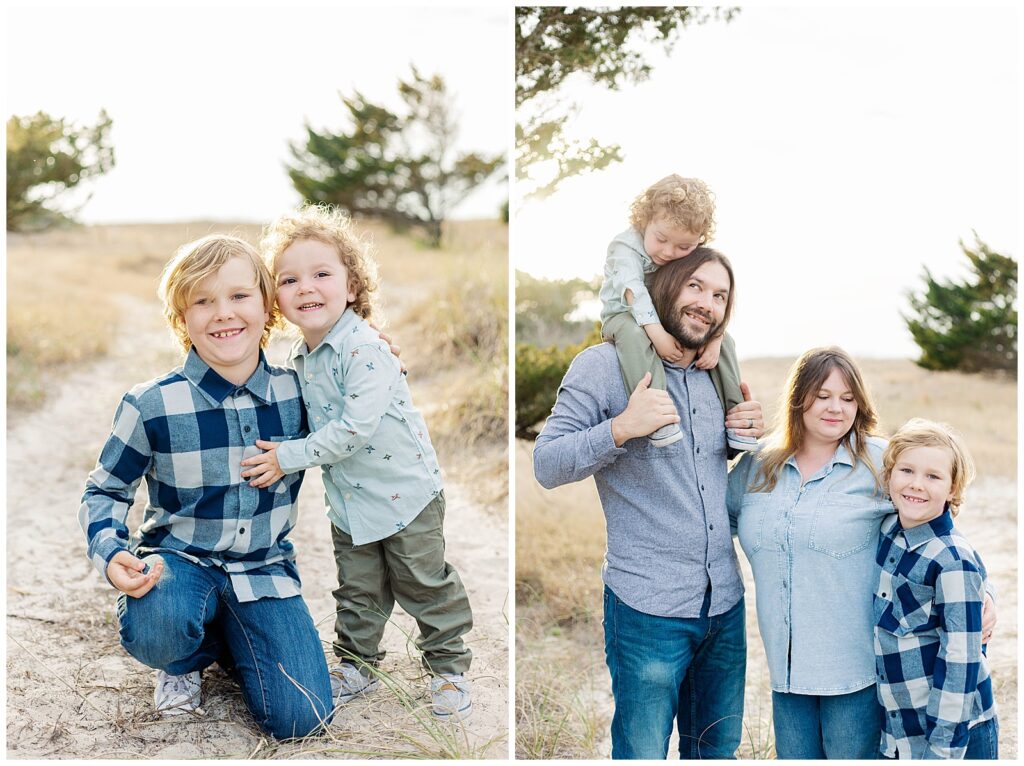 Siblings and parents sharing joyful moments during a Fort Clinch State Park family session in soft winter light
