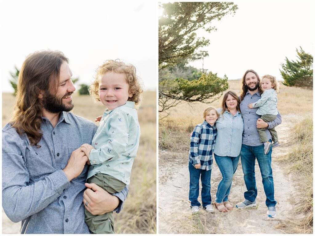 Full family portrait taken during a relaxed family session at Fort Clinch State Park and close up of father holding son