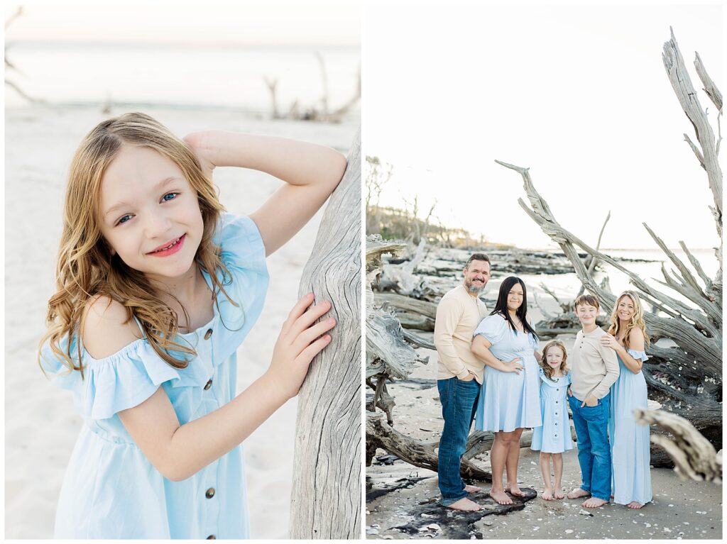 Young child leaning against driftwood during a soft, natural beach portrait paired next to a family portrait