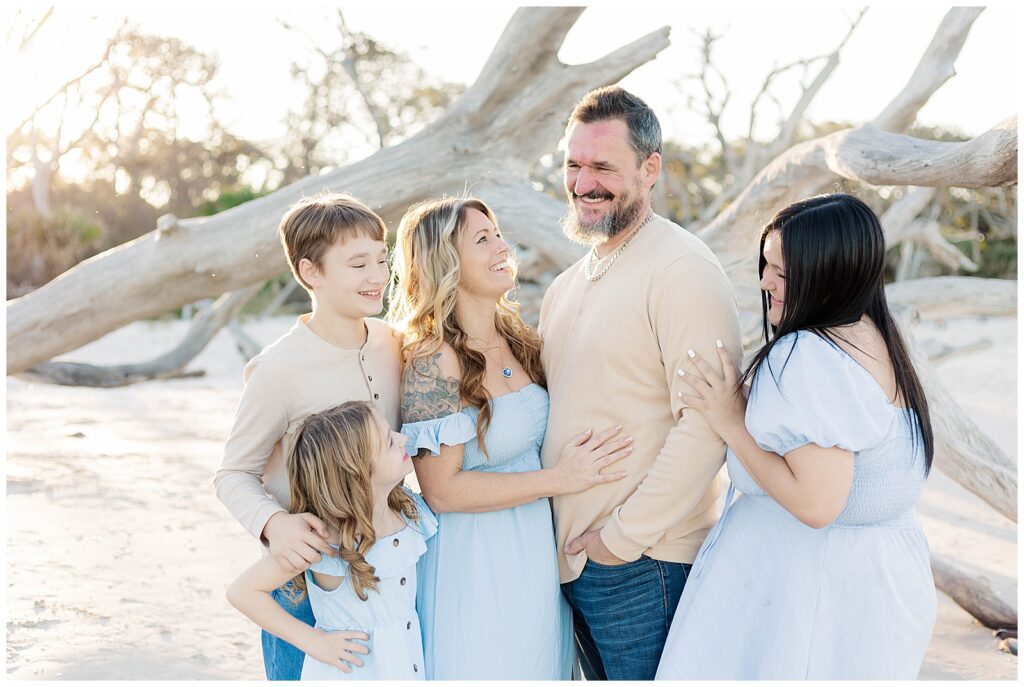 Candid family portrait with layered depth and natural light