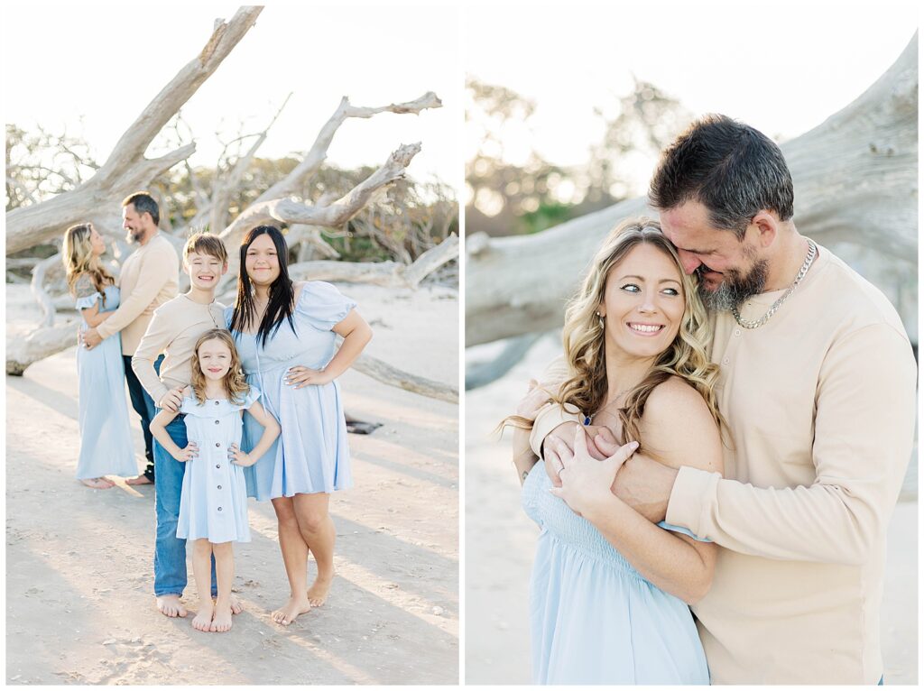 Siblings standing close together during a candid family moment paired next to a photo of mom and dad