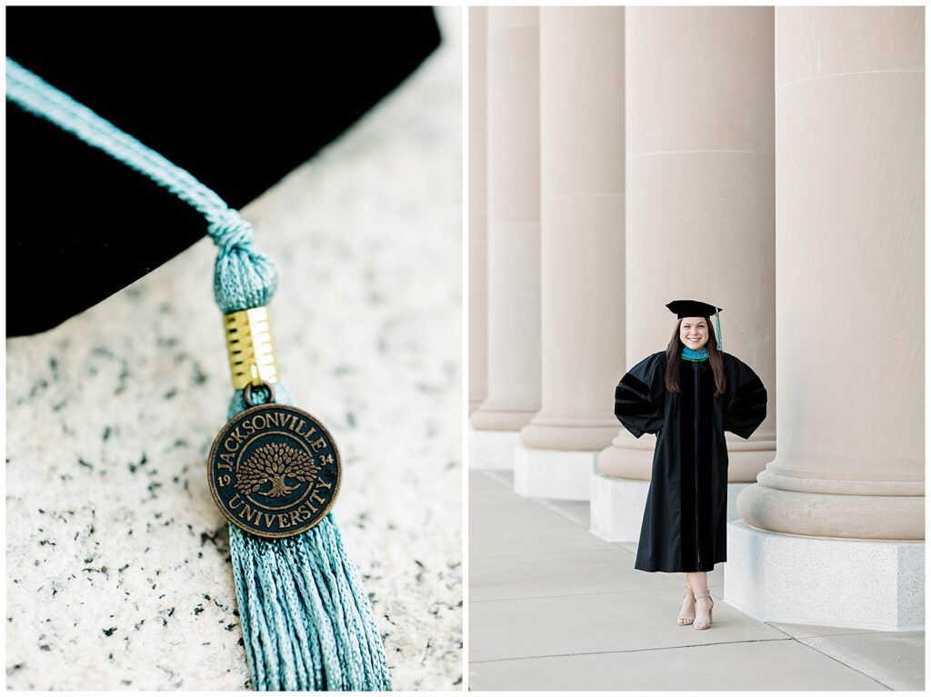 Close-up detail of a teal Jacksonville University tassel on a velvet tam, paired with a full-length portrait of a smiling doctoral graduate standing proudly in her gown in front of classical architecture in downtown Jacksonville.