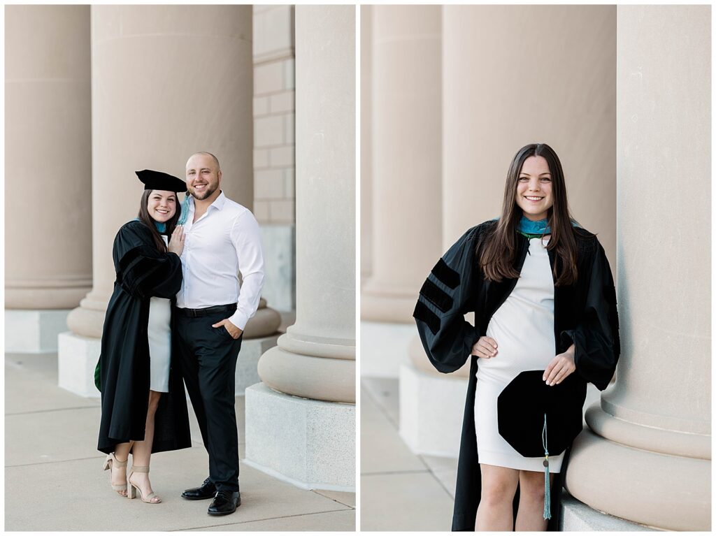 Jacksonville University doctoral graduate in her cap and gown embracing her fiancé during their spring graduation session, paired with a solo portrait of her leaning confidently against a column in downtown Jacksonville.