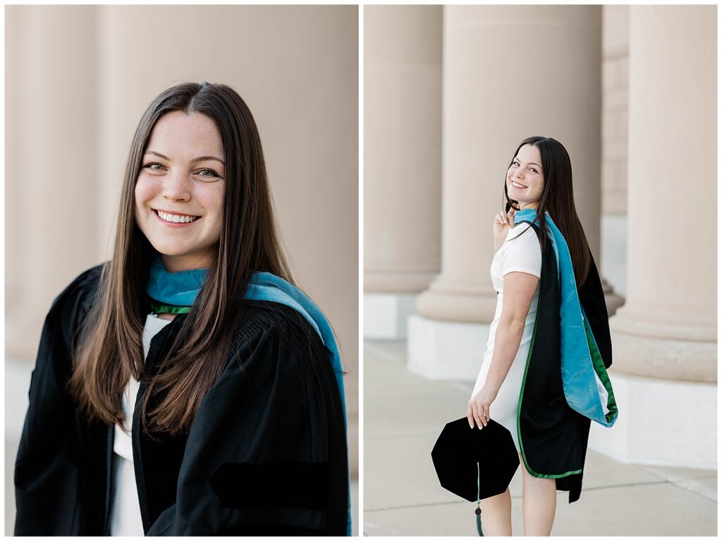 Close-up of a smiling Jacksonville University doctoral graduate wearing her academic regalia, paired with a playful over-the-shoulder portrait holding her graduation cap and gown draped in vibrant teal and green.