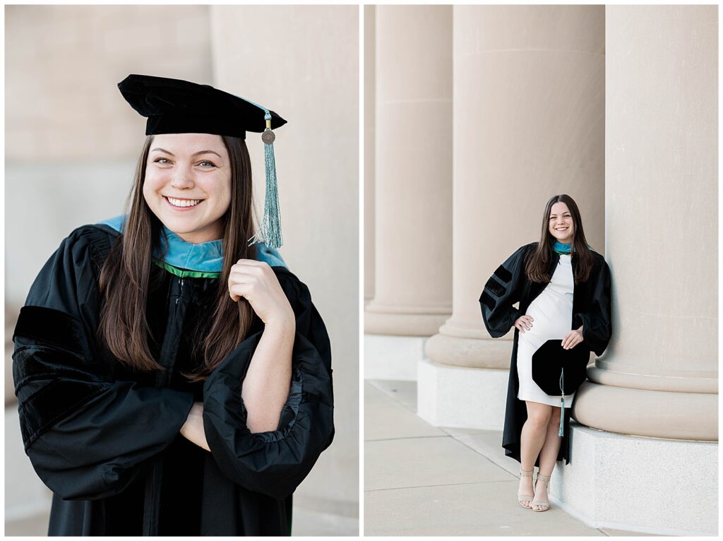 Graduation portraits of a Jacksonville University doctoral graduate wearing her cap and gown during a spring photoshoot in downtown Jacksonville, smiling confidently and posing against elegant stone columns.