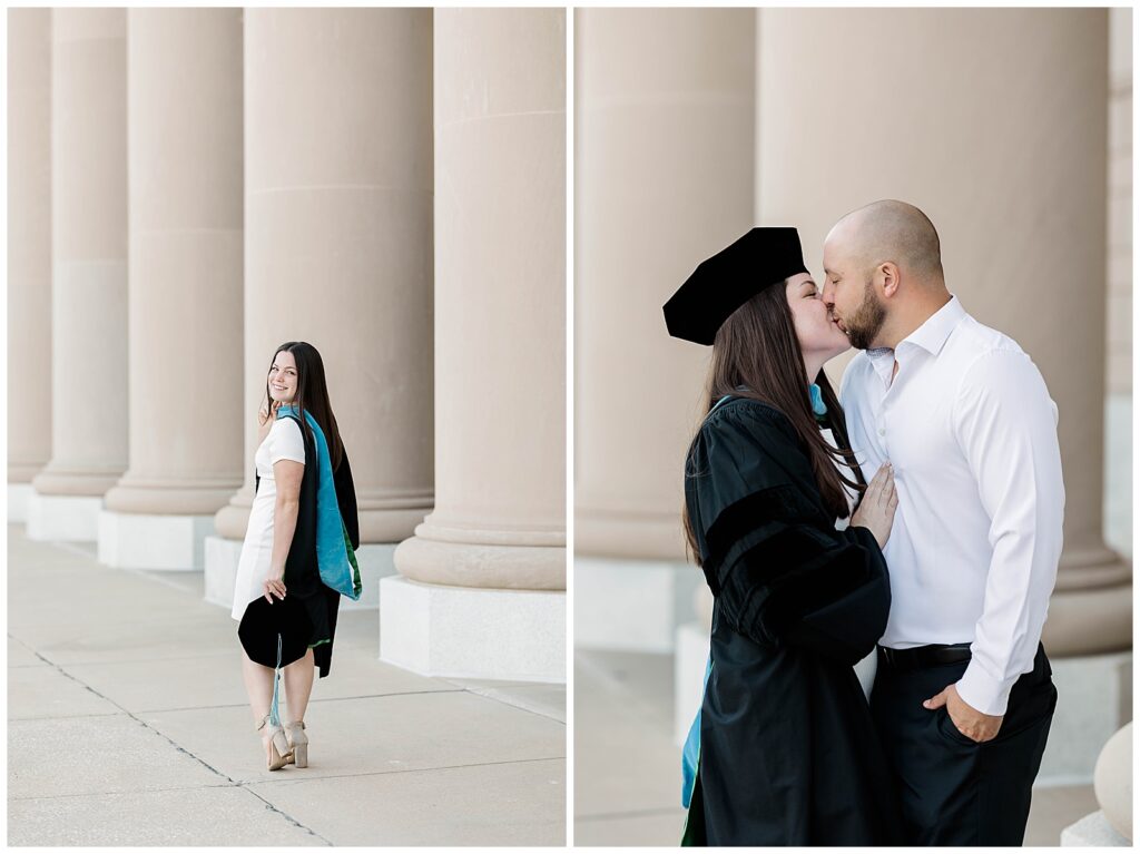 Doctorate graduate from Jacksonville University walking away smiling in her regalia, followed by a sweet moment sharing a kiss with her fiancé during their downtown Jacksonville graduation photo session.