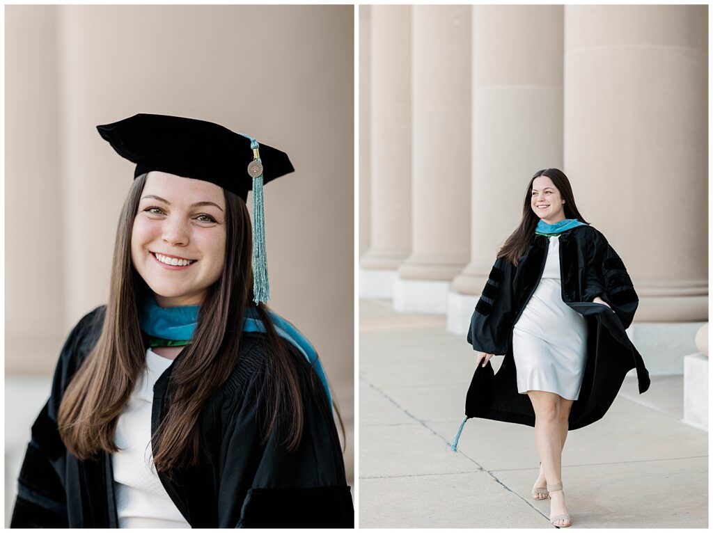 Close-up of a Jacksonville University doctoral graduate in full academic regalia and a joyful candid walking shot captured in downtown Jacksonville during her spring graduation session.