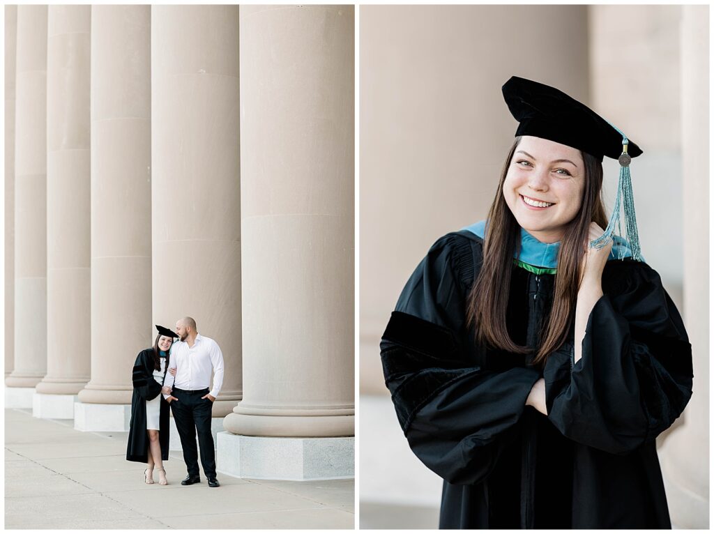 Candid moment of a Jacksonville University doctoral graduate walking hand-in-hand with her partner in front of tall beige columns, paired with a close-up portrait of her smiling in her academic regalia and velvet tam.
