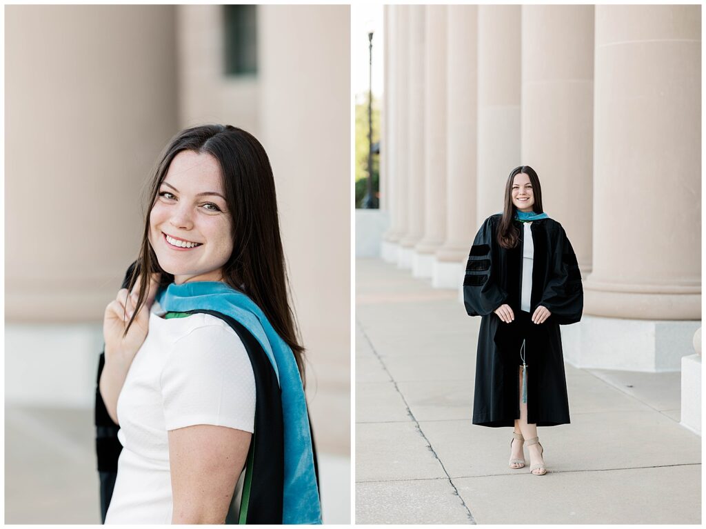 Jacksonville University spring doctoral graduate smiling with her gown draped over her shoulder, followed by a full-length graduation portrait in her black doctoral robe during a downtown Jacksonville photoshoot.