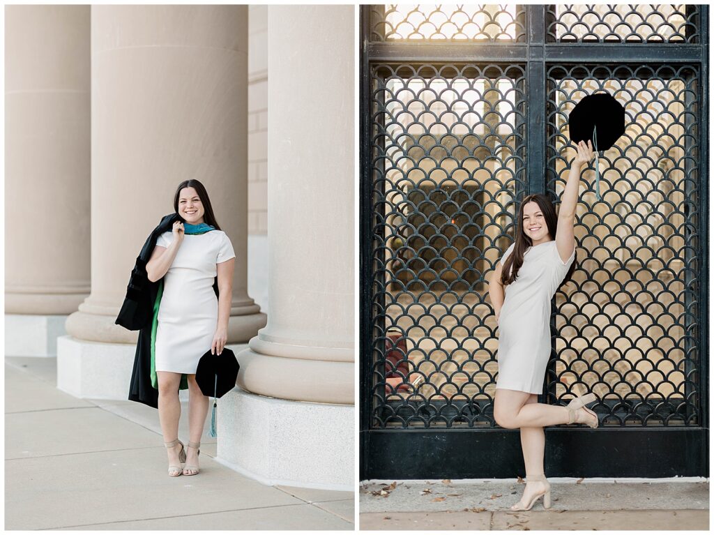 Jacksonville University doctoral graduate during her downtown Jacksonville graduation photo session, smiling confidently with her gown draped over one shoulder and playfully raising her cap in front of a decorative iron gate.