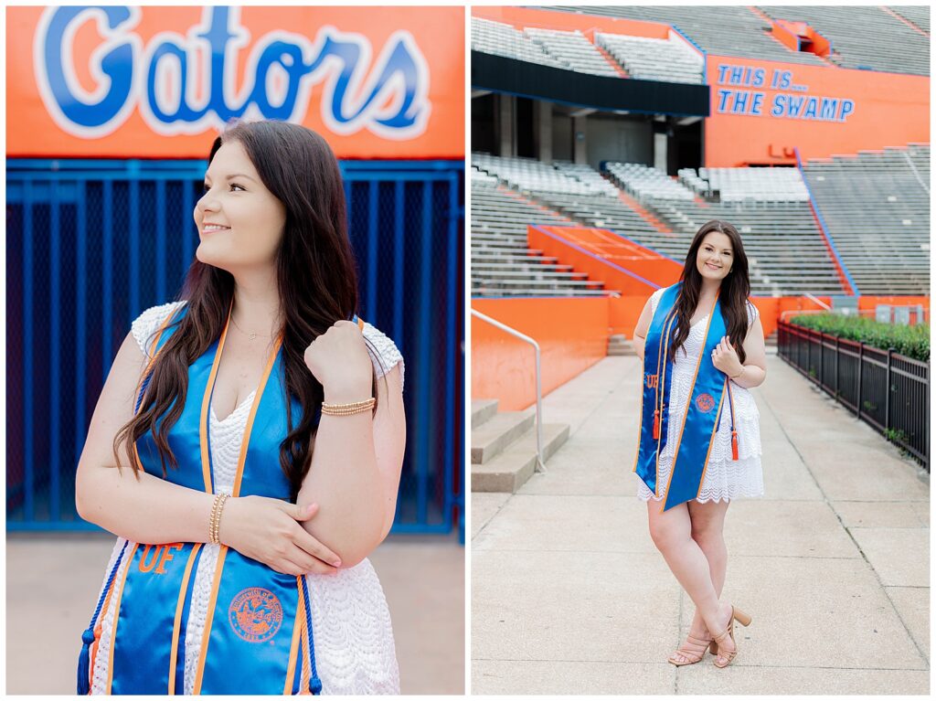 University of Florida graduate smiling in front of the blue Gators tunnel and later posing confidently along the walkway inside Ben Hill Griffin Stadium, near the iconic 'This is... The Swamp' sign.