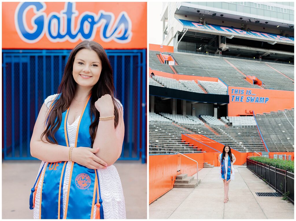 University of Florida graduate smiling in front of the Gators tunnel in one image, and walking toward the camera inside Ben Hill Griffin Stadium in the other, framed by stadium seating and the vibrant orange and blue backdrop of The Swamp.