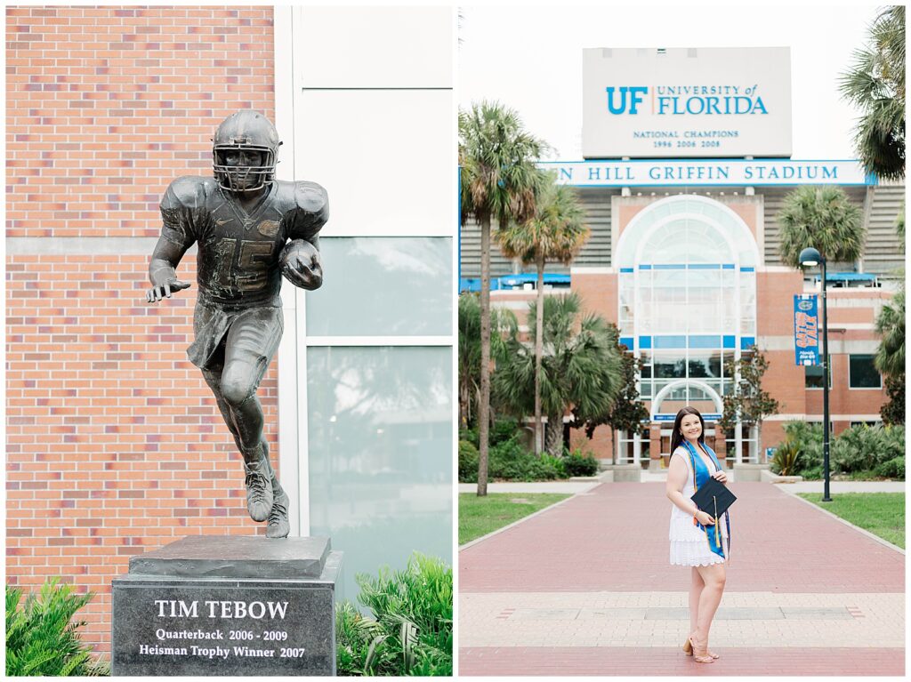 Left: Statue of Tim Tebow outside the University of Florida, honoring his time as quarterback and Heisman Trophy winner. Right: UF graduate posing with her cap in front of the entrance to Ben Hill Griffin Stadium, framed by palm trees and the iconic University of Florida sign.