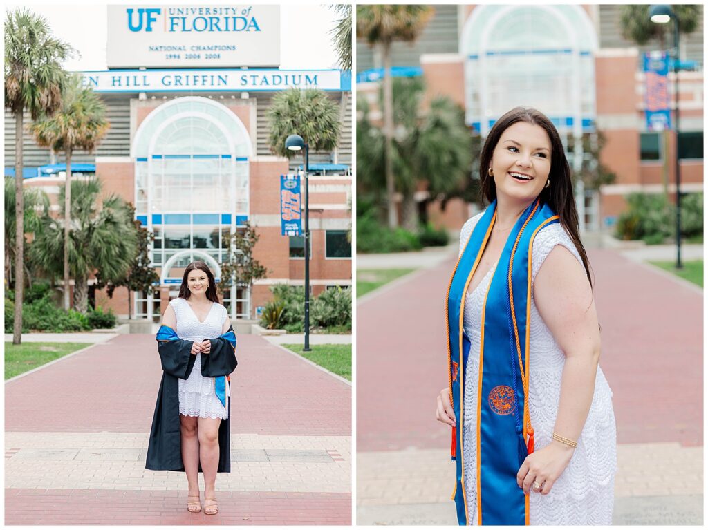 Left: UF graduate standing confidently in her white dress and graduation stole with Ben Hill Griffin Stadium in the background. Right: Candid moment of the graduate laughing and glancing over her shoulder while walking down the stadium pathway.