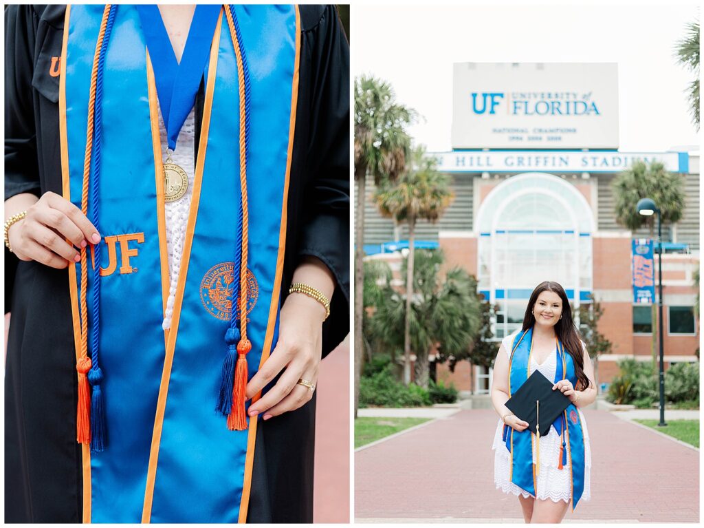 Left: Close-up of the graduate’s hands holding the ends of her blue and orange UF stole, showcasing graduation cords and a medal. Right: Full-body shot of the graduate smiling while holding her cap in front of Ben Hill Griffin Stadium.