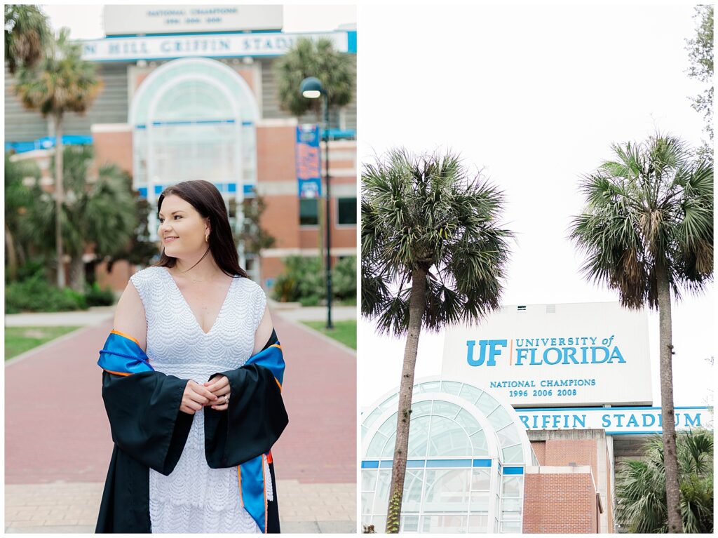 Left: University of Florida graduate smiling and looking to the side in her white dress and open graduation gown, with Ben Hill Griffin Stadium in the background. Right: Close-up view of palm trees framing the top of the University of Florida stadium signage.
