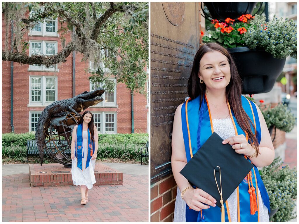 Left: UF graduate walking confidently in front of the alligator globe statue on campus, framed by mossy trees and red-brick buildings. Right: Smiling graduate holding her cap while leaning against a commemorative plaque, with vibrant flowers and greenery in the background.