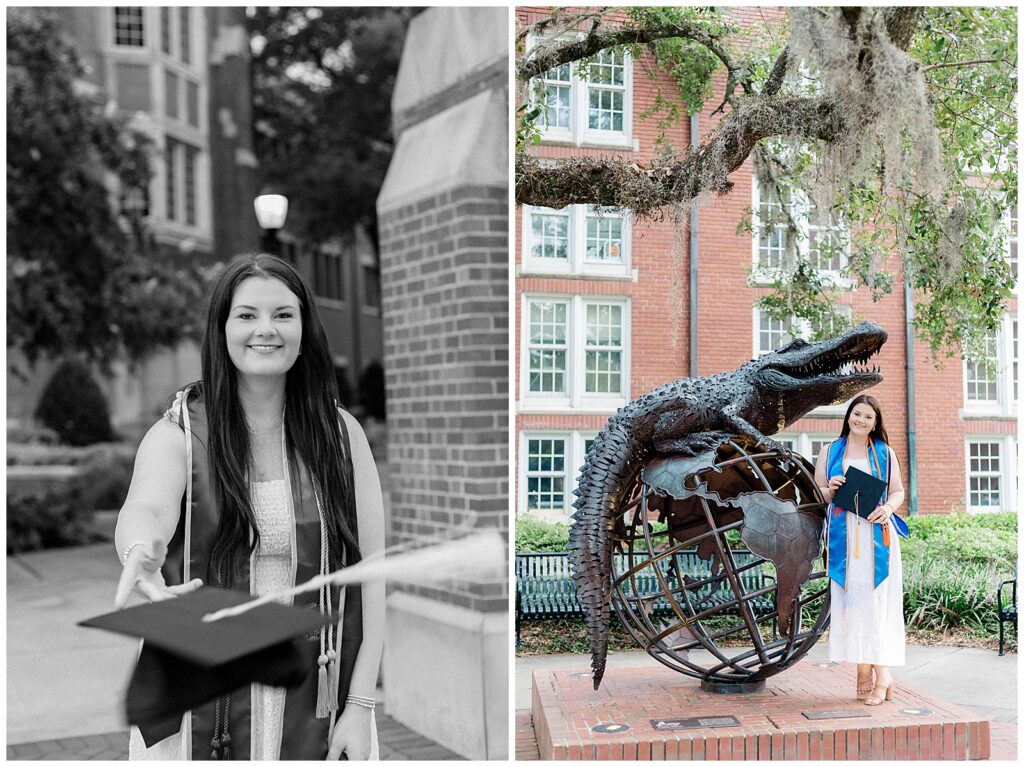 Left: Black-and-white photo of the graduate tossing her cap toward the camera while smiling on campus. Right: Color photo of her standing next to the alligator globe statue, holding her cap and smiling in front of the red-brick academic building.