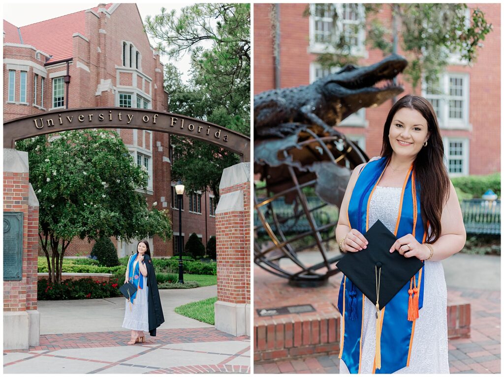 Left: UF graduate standing beneath the University of Florida archway, holding her cap and gown and smiling proudly. Right: Close-up of the graduate holding her cap in front of the alligator statue, with red-brick buildings and greenery in the background.